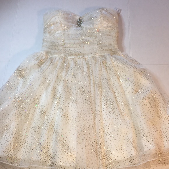 PROM SPEECHLESS 11 Jr. Satin& Tulle Dress 🍒Boned Bustier White & Gold Stunning - Picture 2 of 16